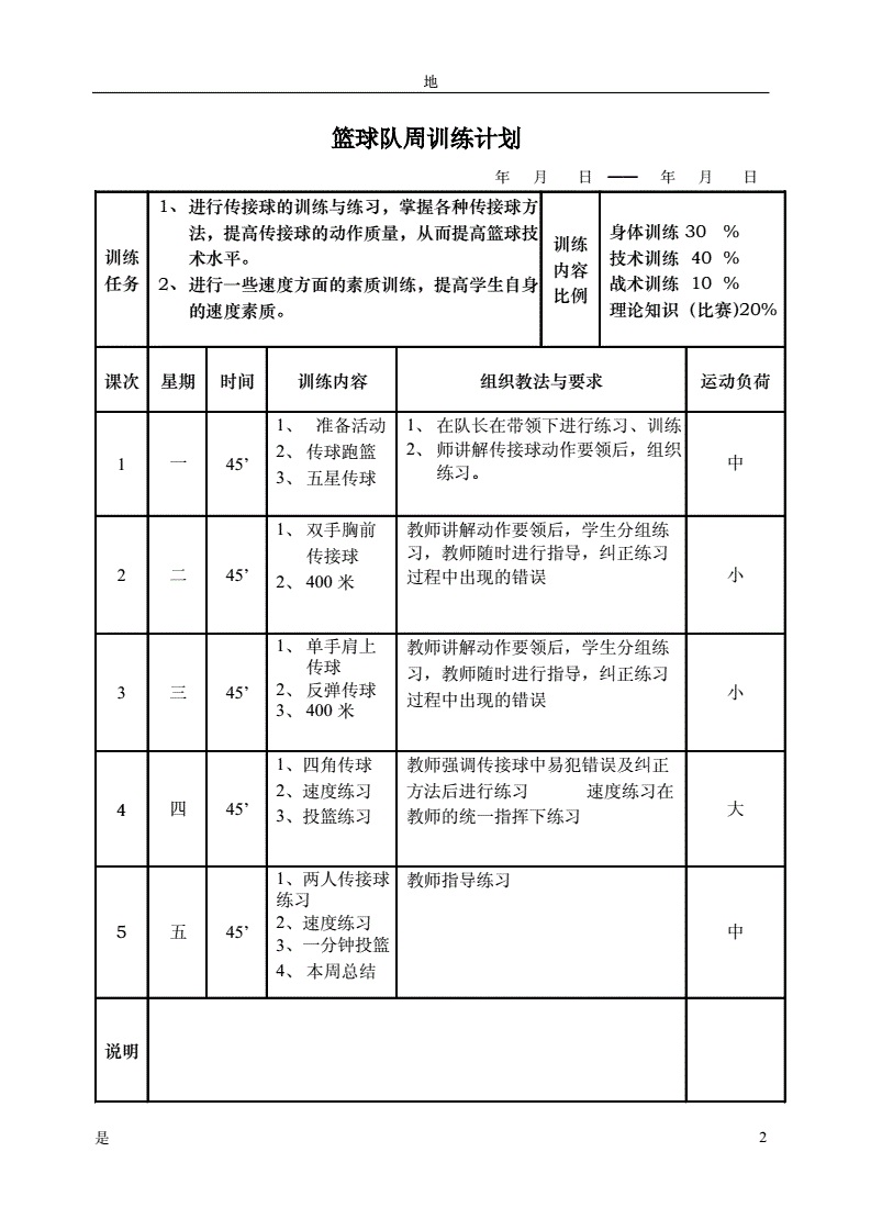大学篮球队训练计划表怎么写